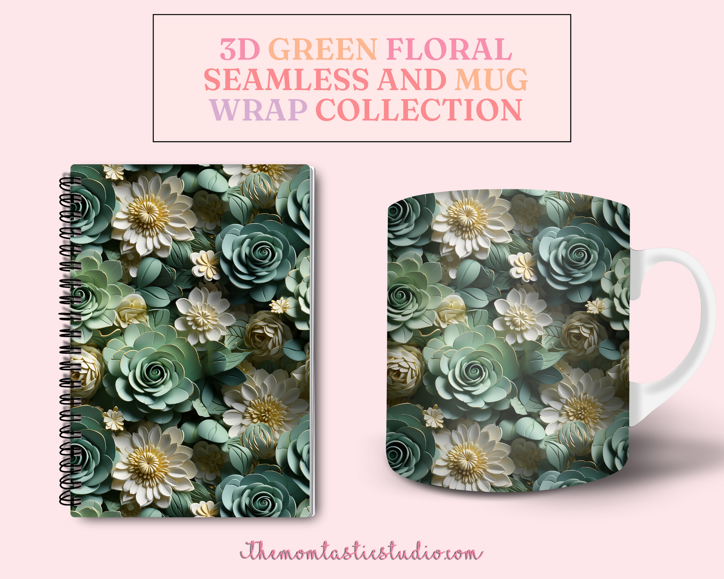 3D Green Floral (Seamless, A4, and Mug Wrap Format) - Commercial Use