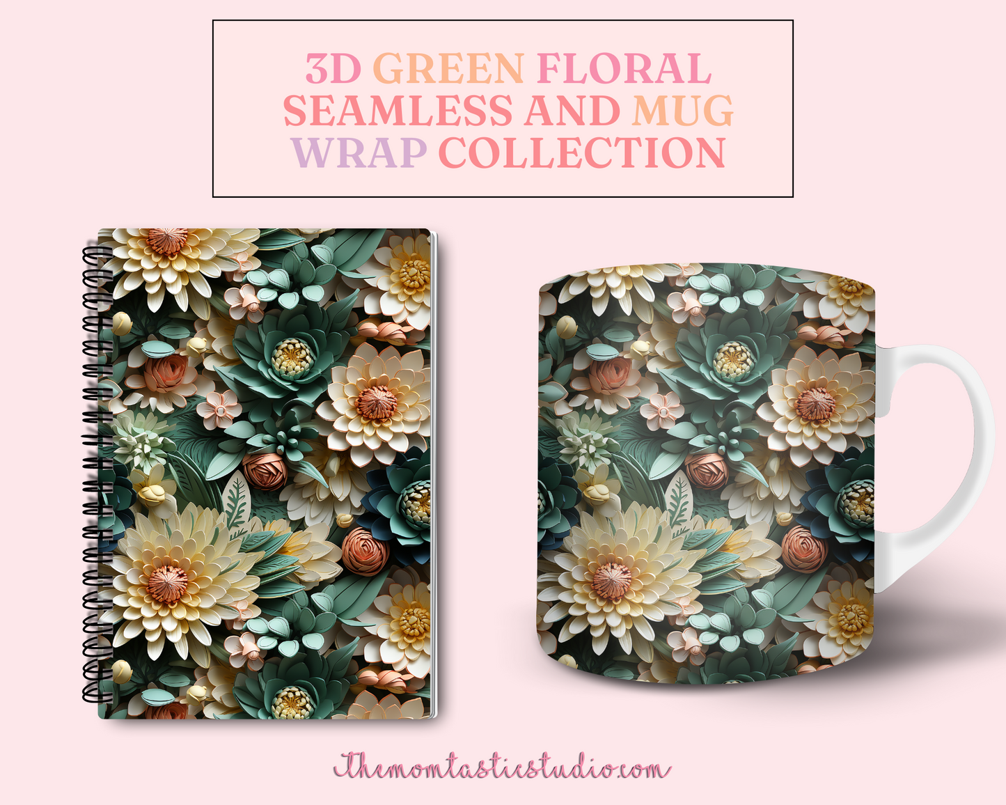 3D Green Floral (Seamless, A4, and Mug Wrap Format) - Commercial Use