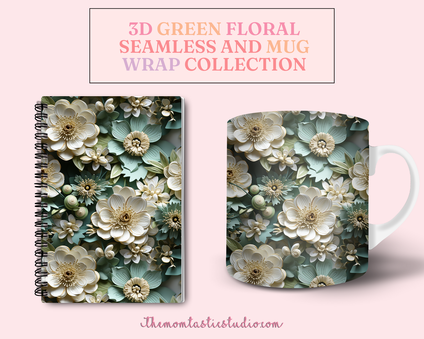 3D Green Floral (Seamless, A4, and Mug Wrap Format) - Commercial Use