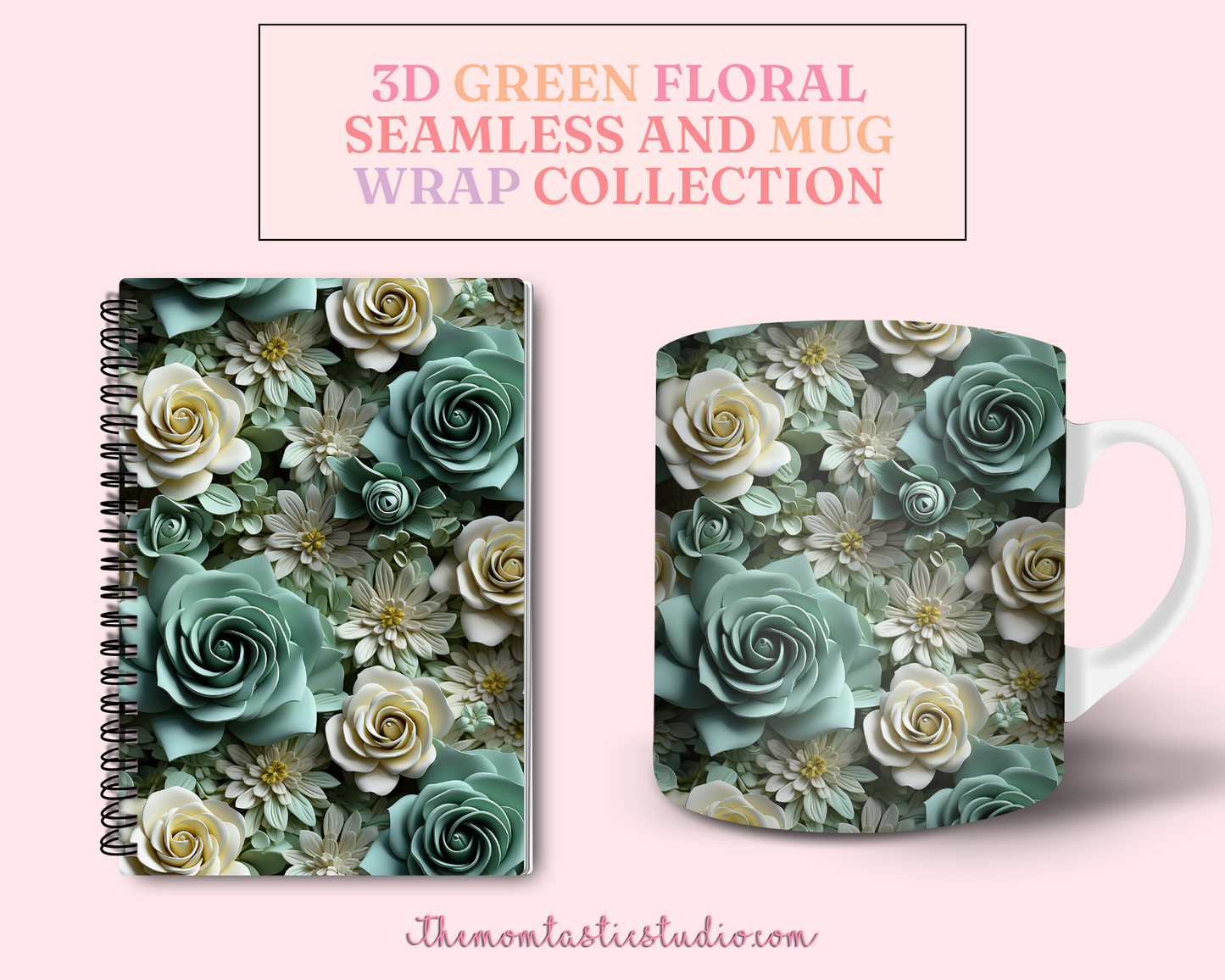 3D Green Floral (Seamless, A4, and Mug Wrap Format) - Commercial Use