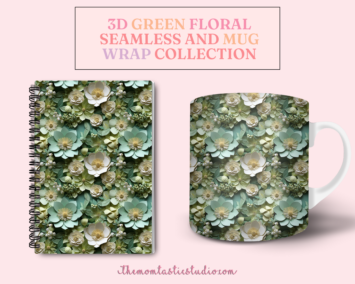 3D Green Floral (Seamless, A4, and Mug Wrap Format) - Commercial Use