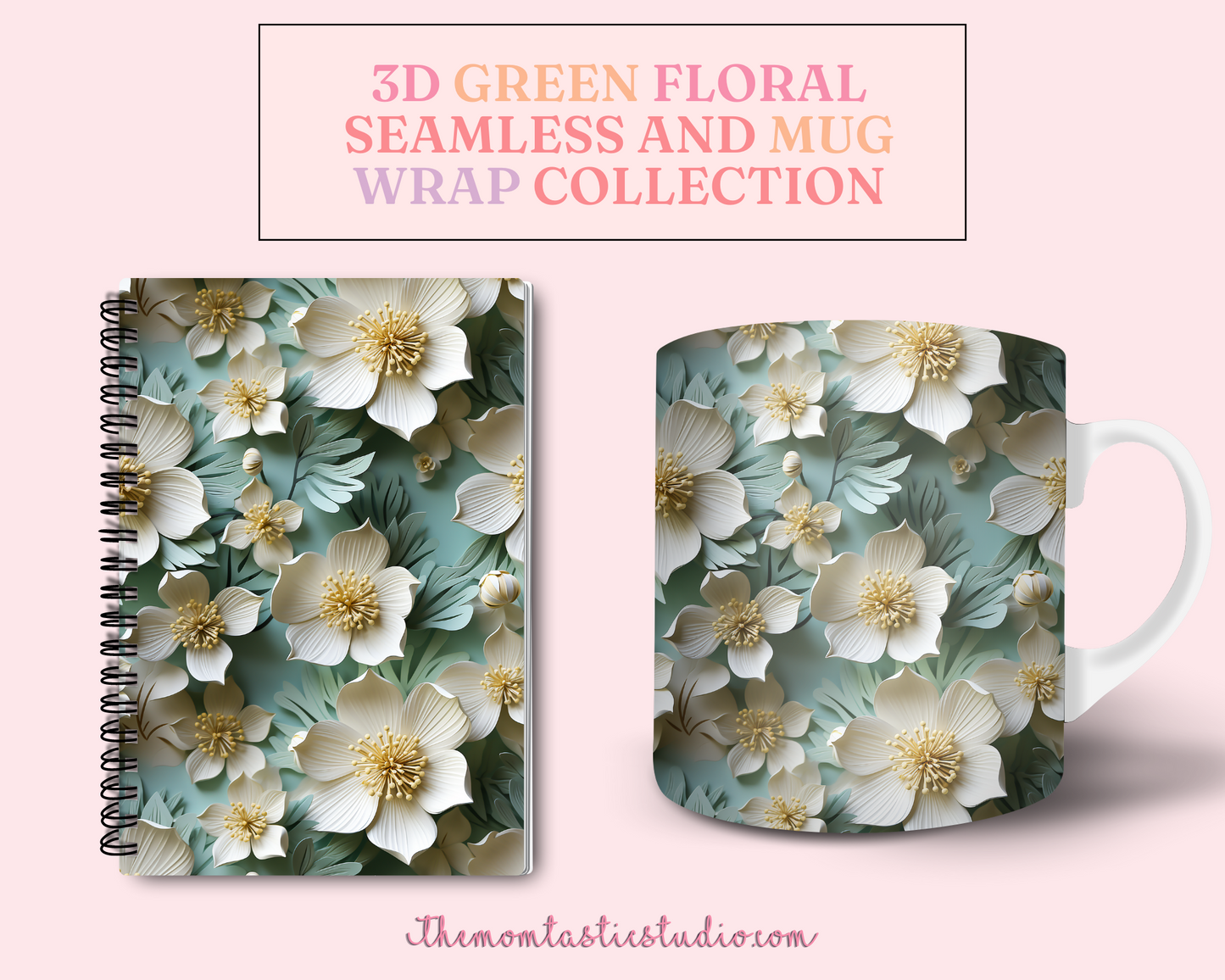 3D Green Floral (Seamless, A4, and Mug Wrap Format) - Commercial Use