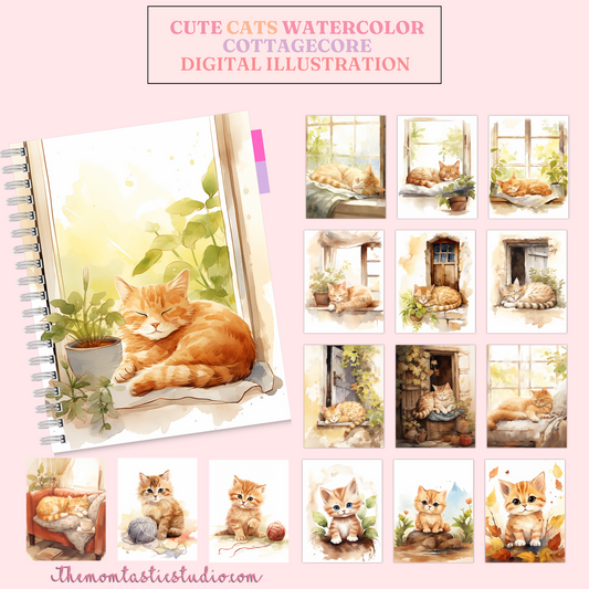 Cute Cats Watercolor Cottagecore Digital Illustration 300DPI – Instant Download – Commercial Use