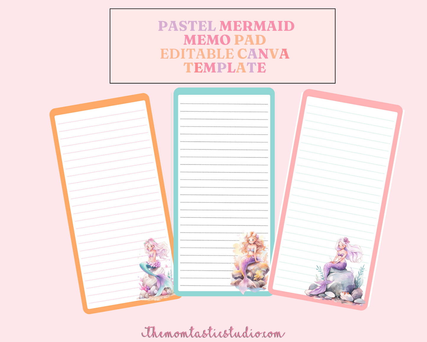 Pastel Mermaid Memo Pad / Notepad Canva Template - 3 Pages - Commercial Use