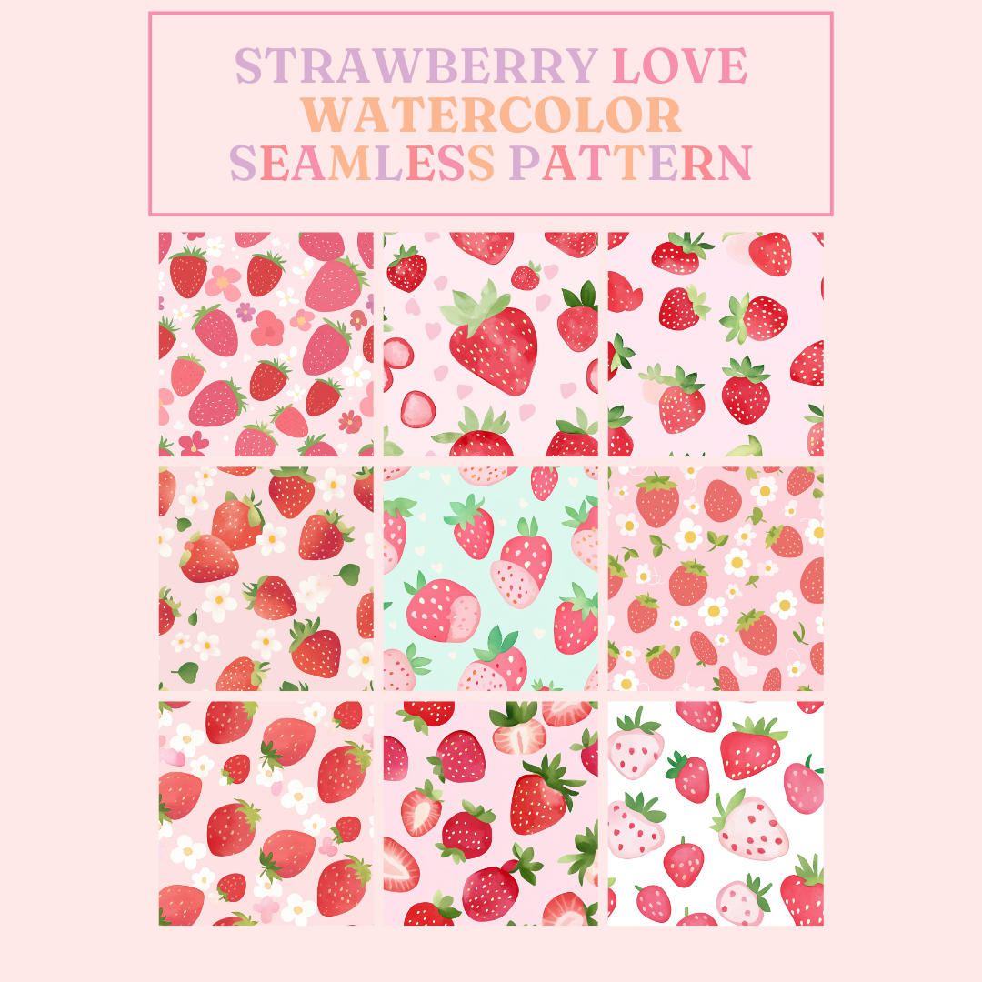 Watercolor Strawberry Love Pattern for Commercial Use, Digital Paper