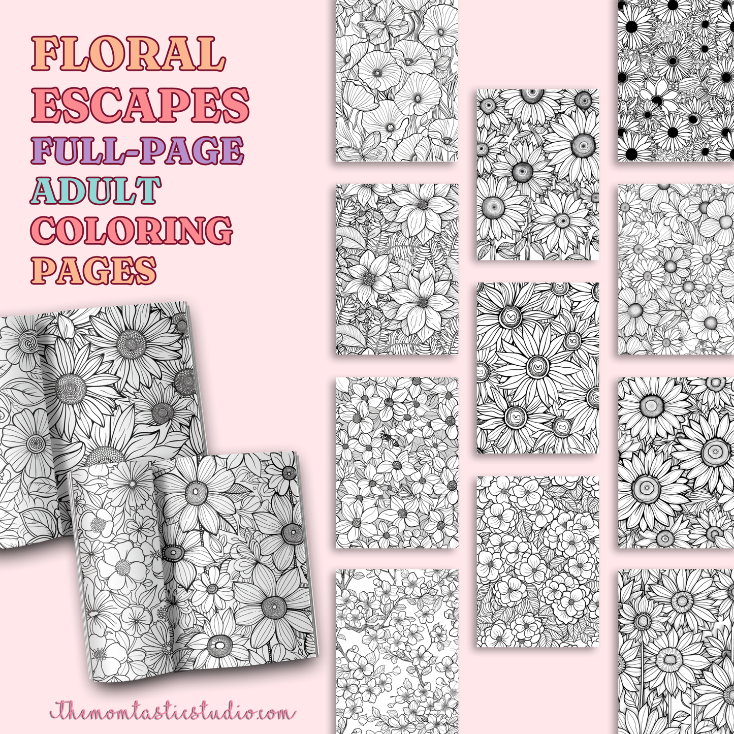 Floral Escapes Adult Coloring Pages Pack – Digital Template –  Commercial Use