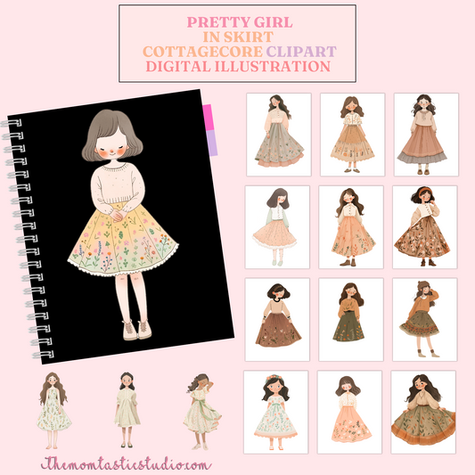 Pretty Girl in Skirt Cottagecore Cliparts – High-Quality PNG - Transparent Background - Commercial Use