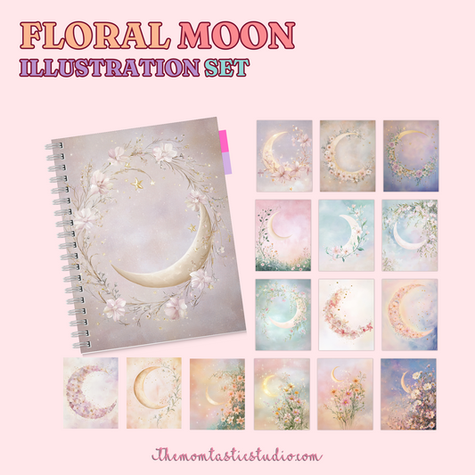 Floral Moon Illustration Set - 300 DPI – Instant Download – Commercial Use