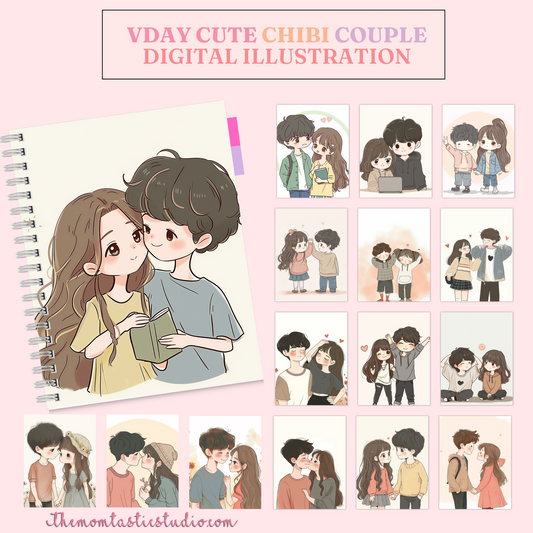 VDay Cute Chibi Couple Digital Illustration 300DPI – Instant Download – Commercial Use