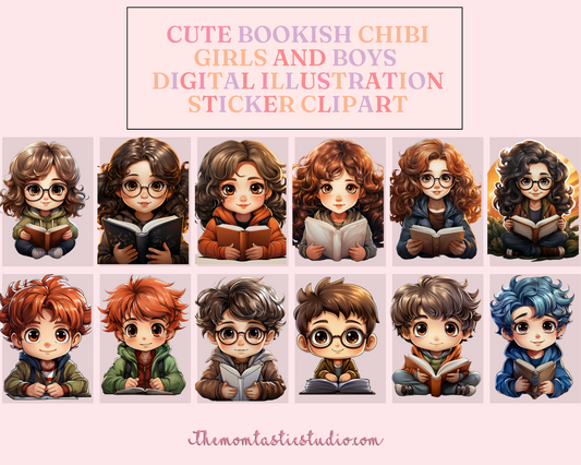 Cute Bookish Chibi Girls and Boys Sticker Clipart – Instant Download – High-Quality PNG - Transparent Background - Commercial Use