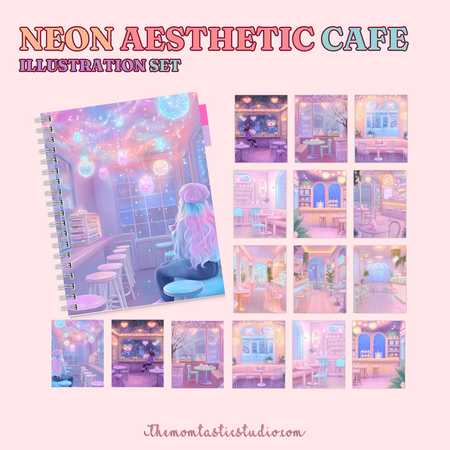 Neon Aesthetic Cafe Illustration Set - 300 DPI – Instant Download – Commercial Use