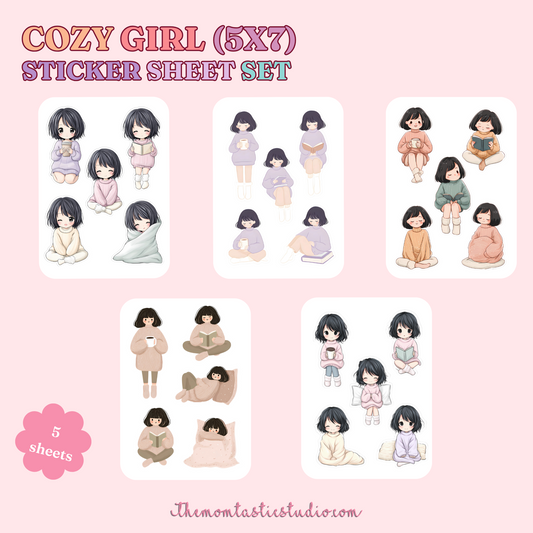 Cozy Girl Sticker Sheet Bundle Printable – Instant Download – 300 DPI - Commercial Use (Transparent PNG)