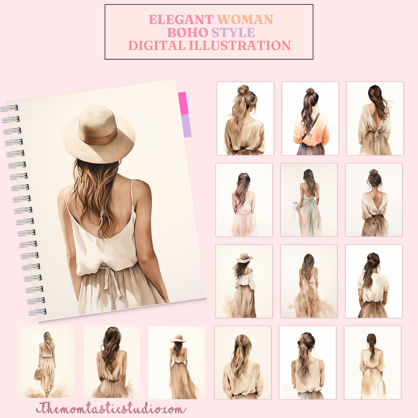 Elegant Woman Boho Style Digital Illustration 300DPI – Instant Download – Commercial Use