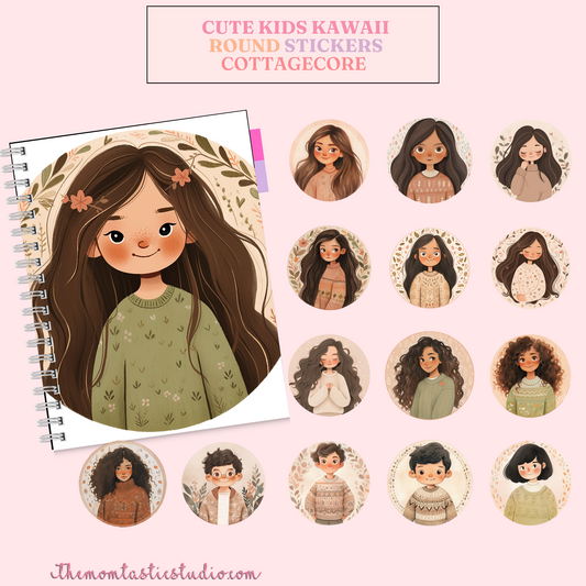 Cute Kids Round Stickers Cottagecore – High-Quality PNG - Transparent Background - Commercial Use