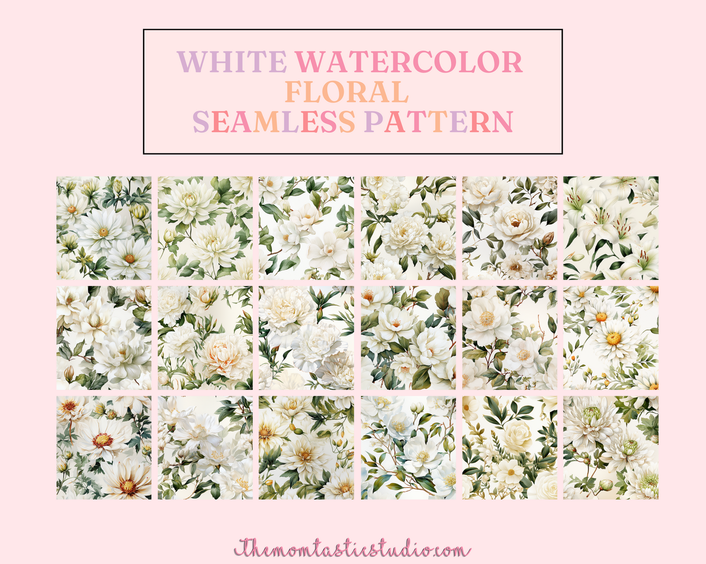 White Watercolor Floral Seamless Pattern, Watercolor Pattern for Commercial Use