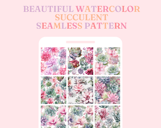 Pastel Watercolor Succulents Seamless Pattern, Watercolor Succulent Pattern for Commercial Use
