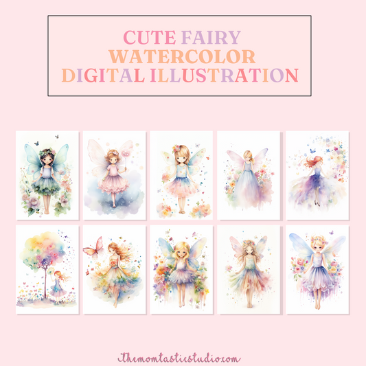 Cute Fairies Watercolor Digital Illustration – Instant Download – High-Quality - 300 DPI - Commercial Use