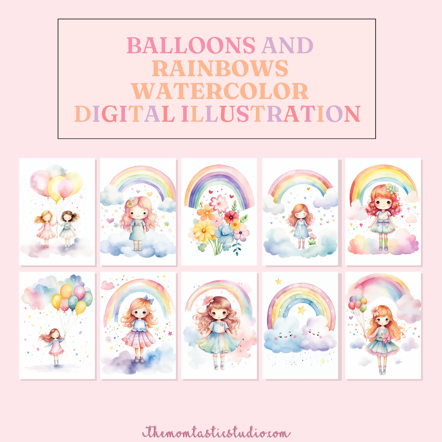 Balloons and Rainbows Watercolor Digital Illustration – Instant Download – High-Quality - 300 DPI - Commercial Use