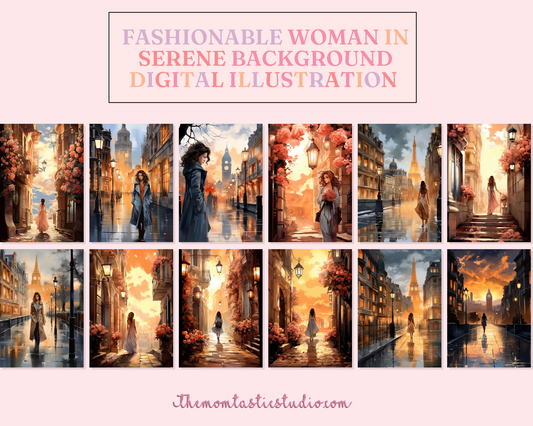 Fashionable Woman in Serene Background Watercolor Digital Illustration - Commercial Use - Pretty - Instant Download