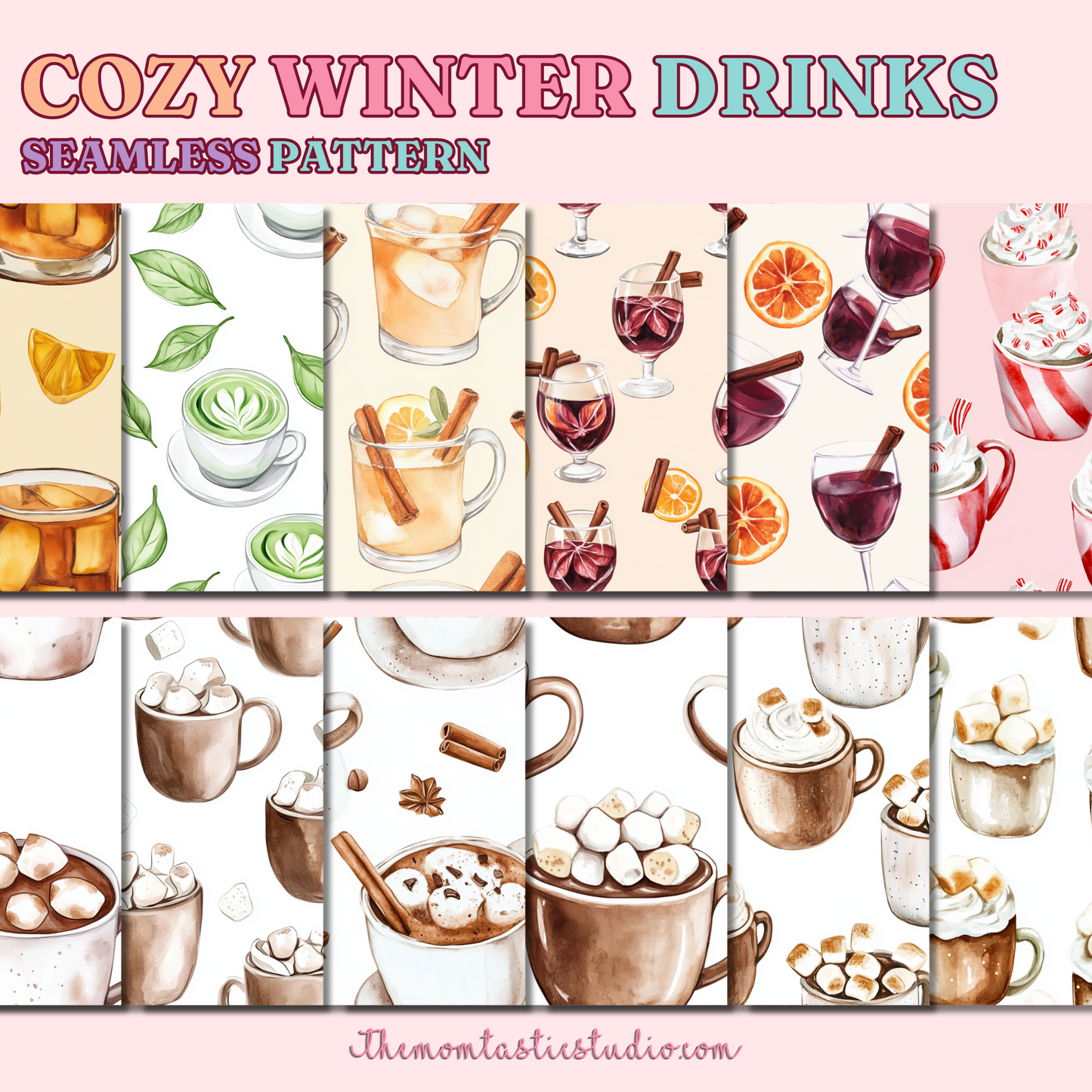 Cozy Winter Drinks Seamless Pattern for Commercial Use, Digital Paper - 300 DPI