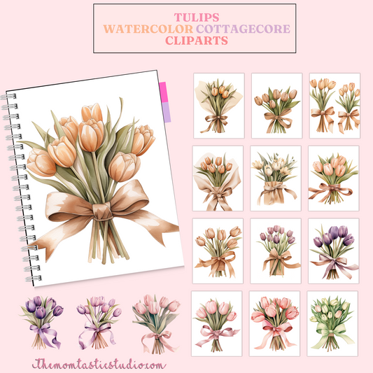 Tulips Watercolor Cottagecore Cliparts – High-Quality PNG - Transparent Background - Commercial Use