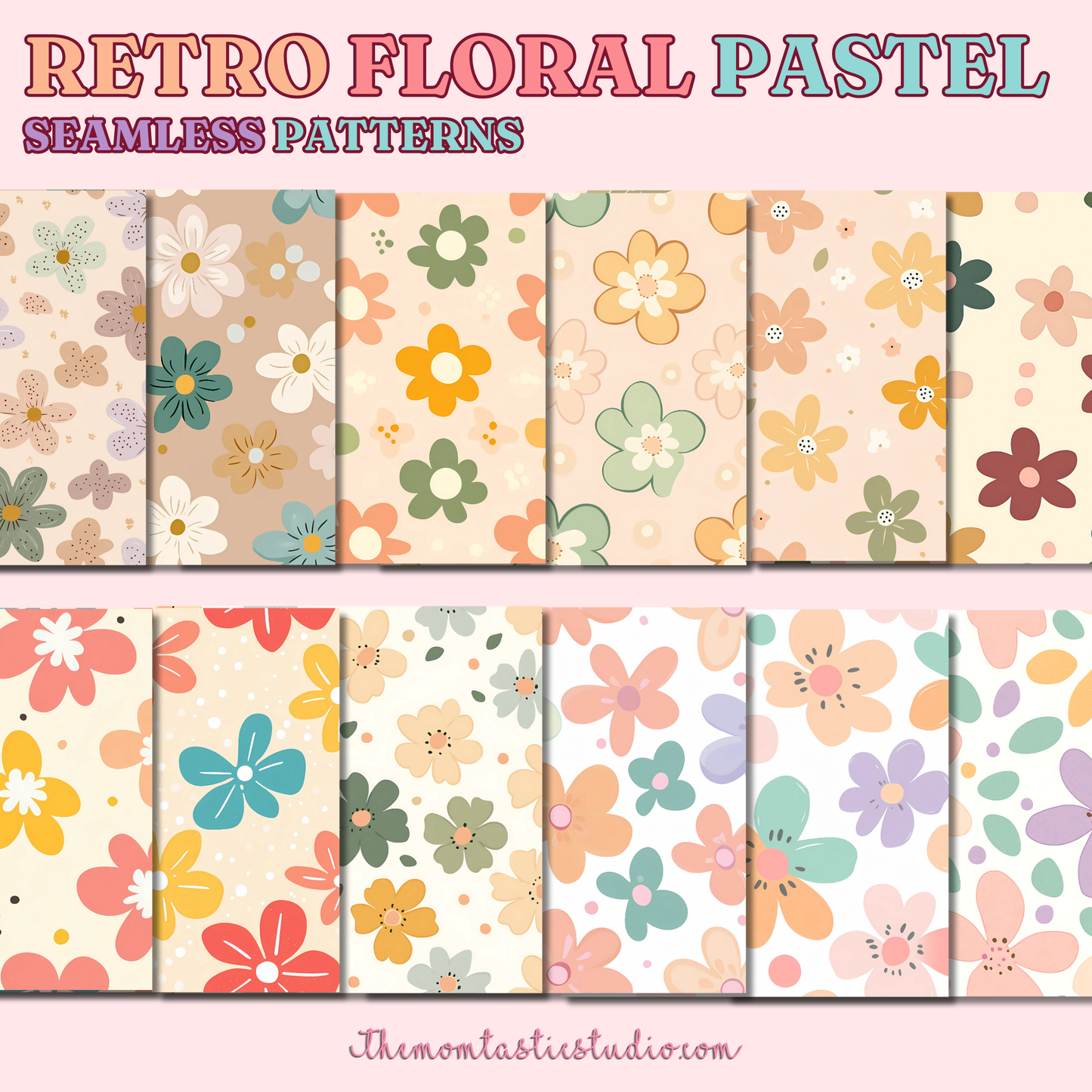 Retro Floral Pastel Seamless Patterns for Commercial Use, Digital Paper - 300 DPI