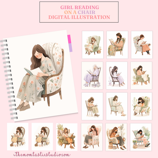 Girl Reading on a Chair Digital Illustration 300DPI – Instant Download – Commercial Use