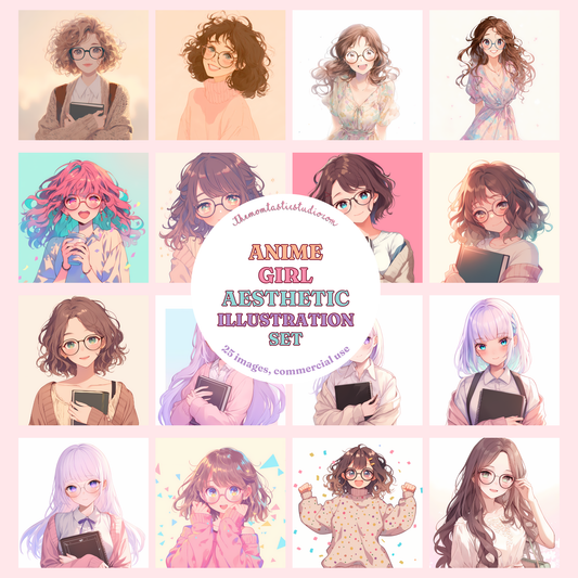 Anime Girl Aesthetic Illustration Set - 300 DPI – Instant Download – Commercial Use
