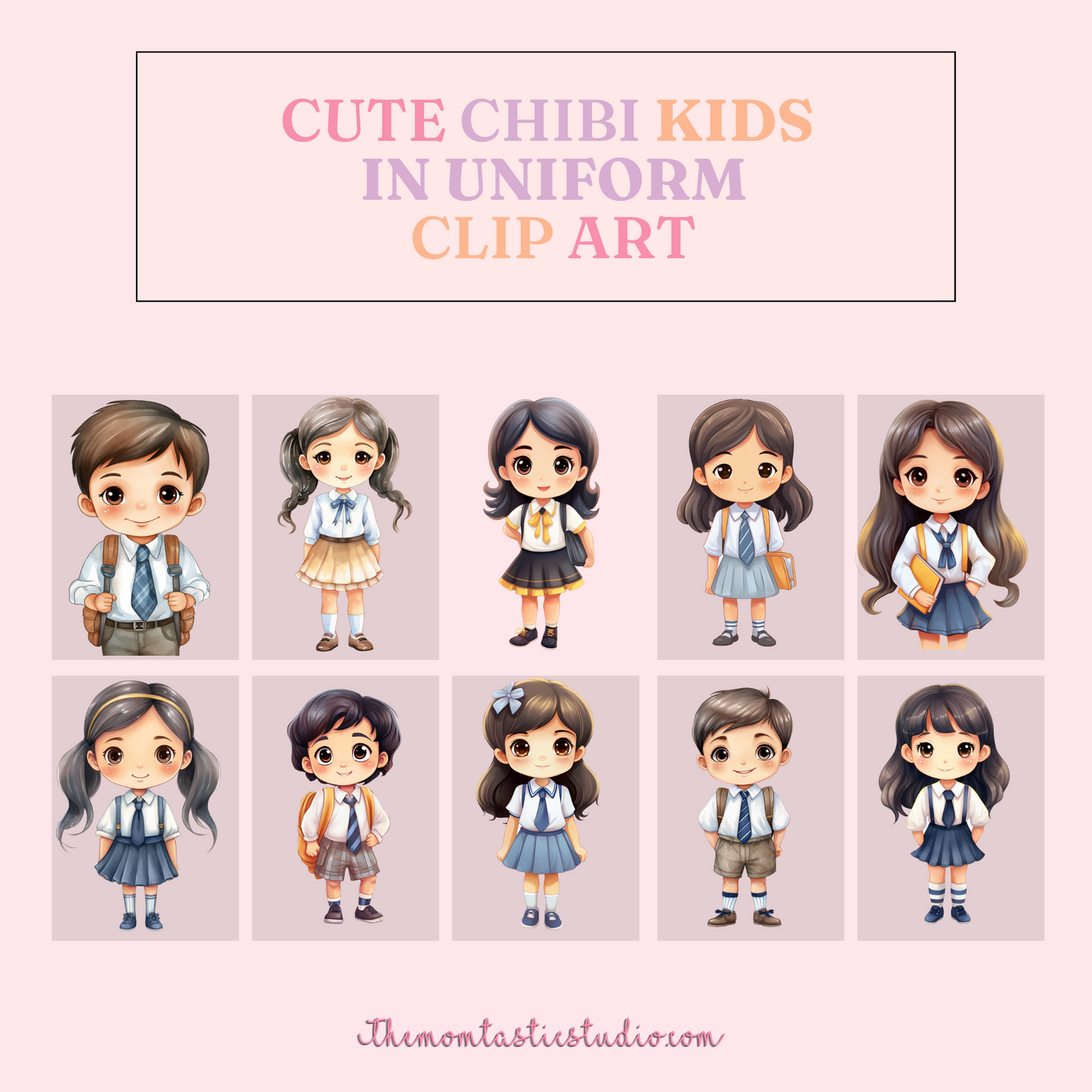 Cute Chibi Kids in School Uniform Cliparts – High-Quality PNG - Transparent Background - Commercial Use