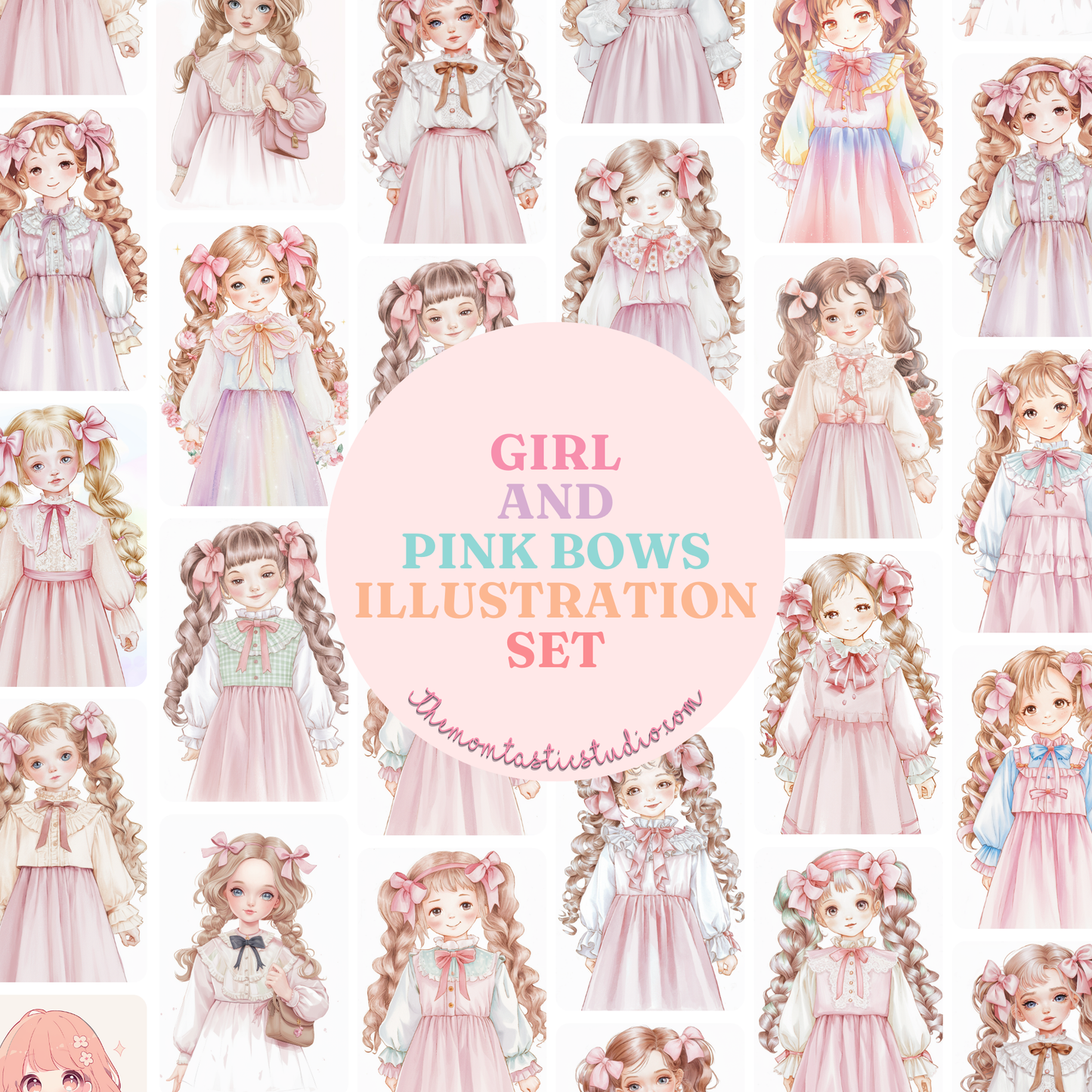 Girl with Pink Bows Illustration - 300 DPI – Instant Download – Commercial Use