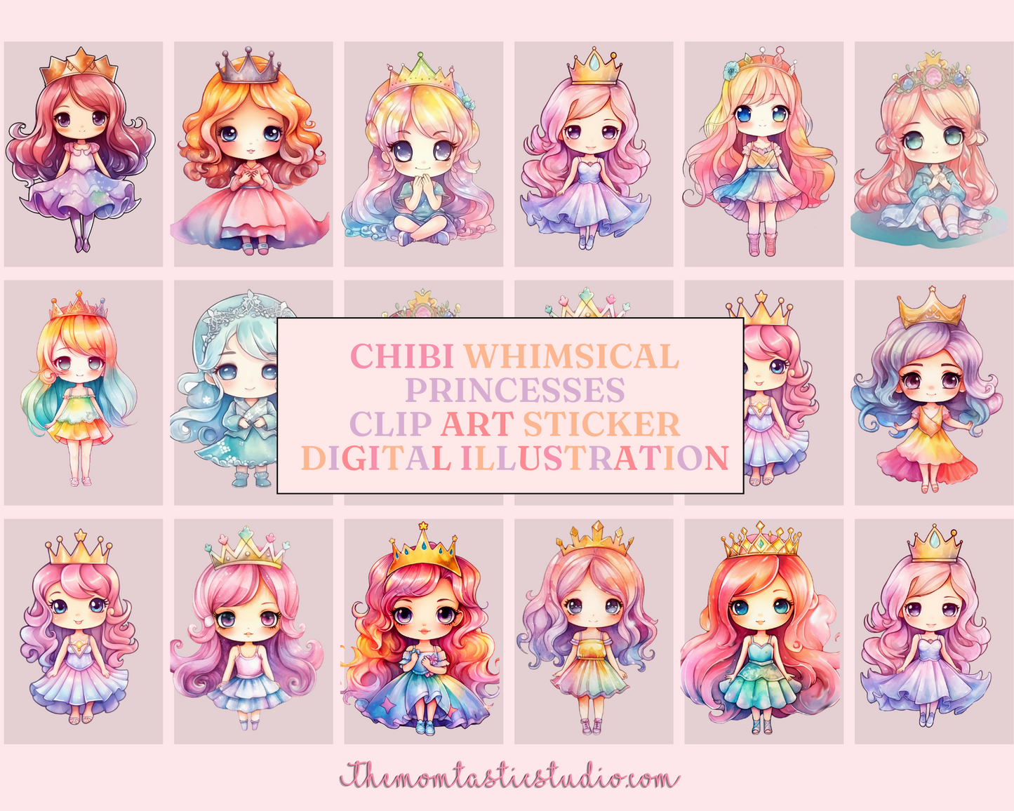 Whimsical Chibi Princesses Sticker Clipart – Instant Download – High-Quality PNG - Transparent Background - Commercial Use