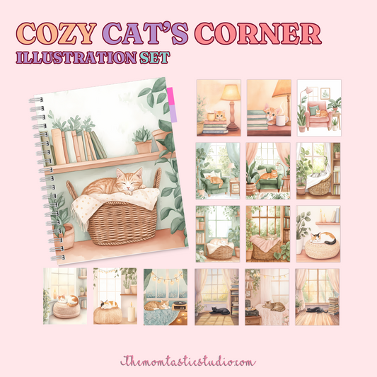 Cozy Cat's Corner Illustration Set - 300 DPI – Instant Download – Commercial Use