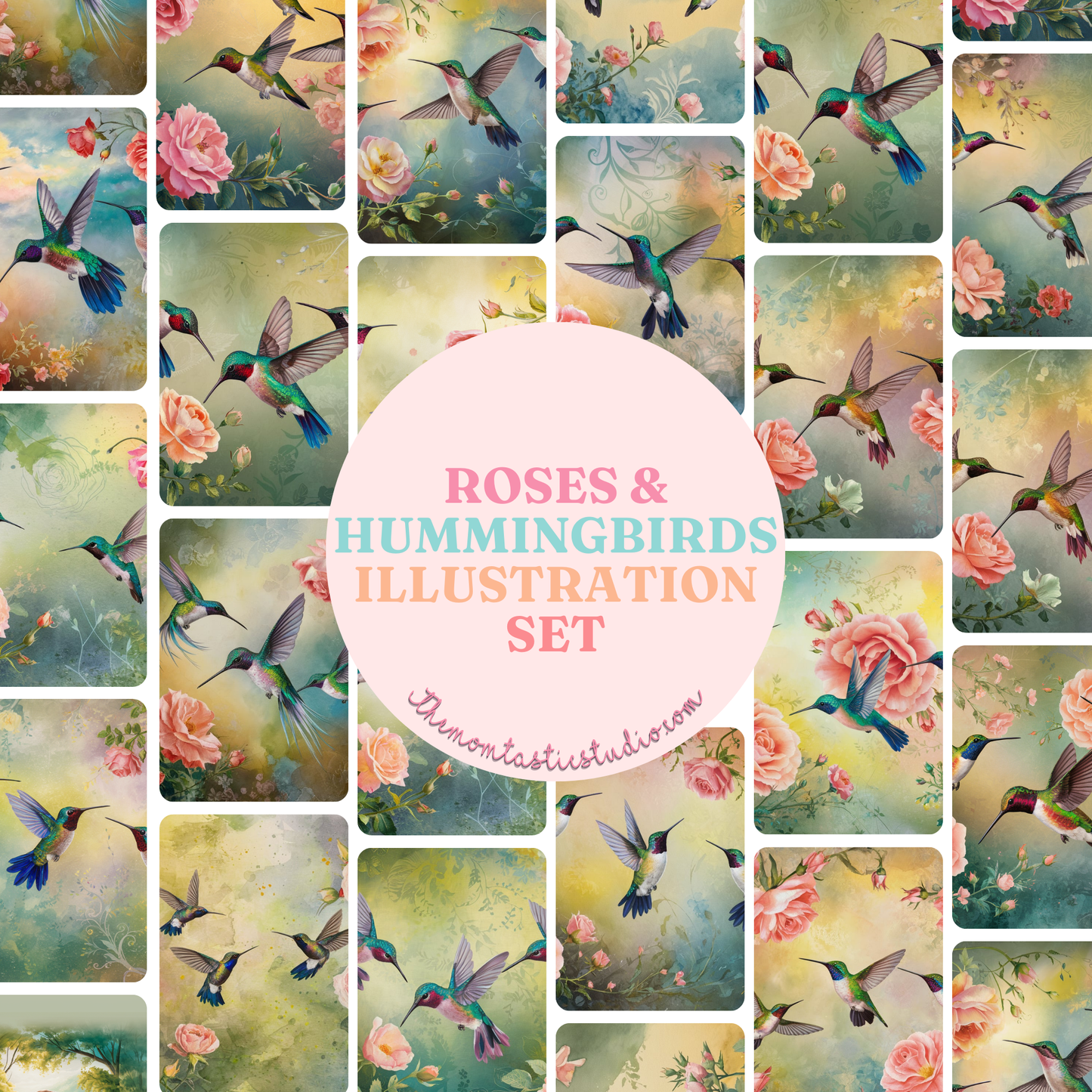 Roses and Hummingbirds Illustration (A4 Landscape) - 300 DPI – Instant Download – Commercial Use