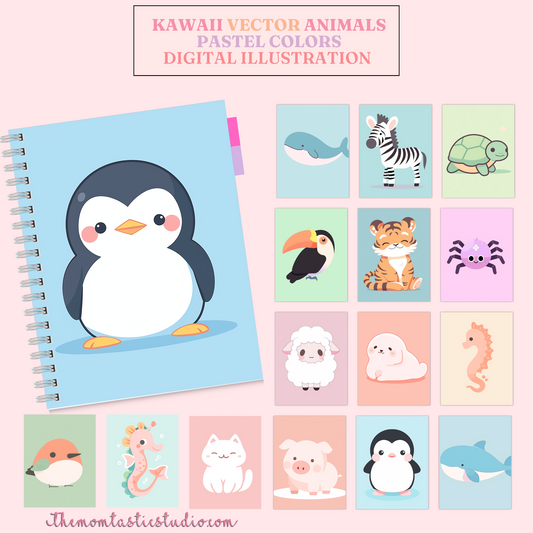 Kawaii Vector Animals Pastel Colors Digital Illustration 300DPI – Instant Download – Commercial Use