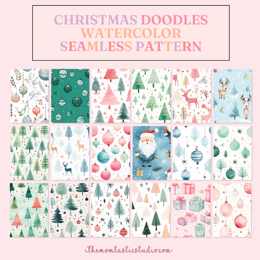 Christmas Doodles Seamless Pattern, Watercolor Pattern | Christmas Gift Wrappers | Digital Paper | Commercial Use