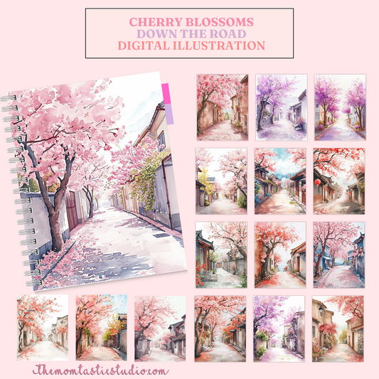 Cherry Blossoms Down the Road - Watercolor Digital Illustration 300DPI – Instant Download – Commercial Use