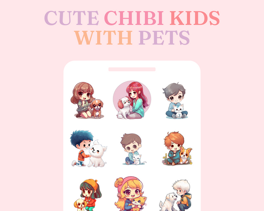 Cute Chibi Kids with Pets Stickers Clipart –Printable – Instant Download – High-Quality PNG - Transparent Background - Commercial Use