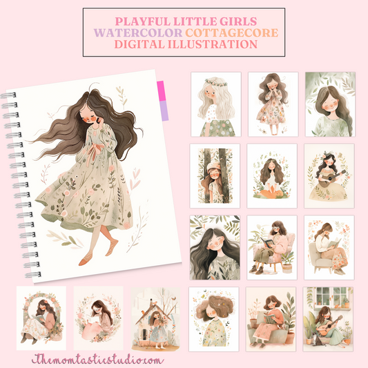 Playful Little Girls Cottagecore Digital Illustration 300DPI – Instant Download – Commercial Use