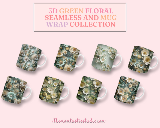 3D Green Floral (Seamless, A4, and Mug Wrap Format) - Commercial Use