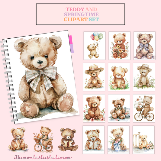 Teddy and Springtime – Clipart Set - High-Quality PNG - Transparent Background - Commercial Use