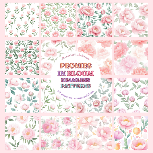 Peonies in Bloom Seamless Patterns for Commercial Use, Digital Paper - 300 DPI