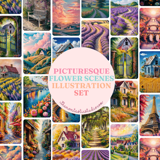 Picturesque Flower Scenes Illustration - 300 DPI – Instant Download – Commercial Use