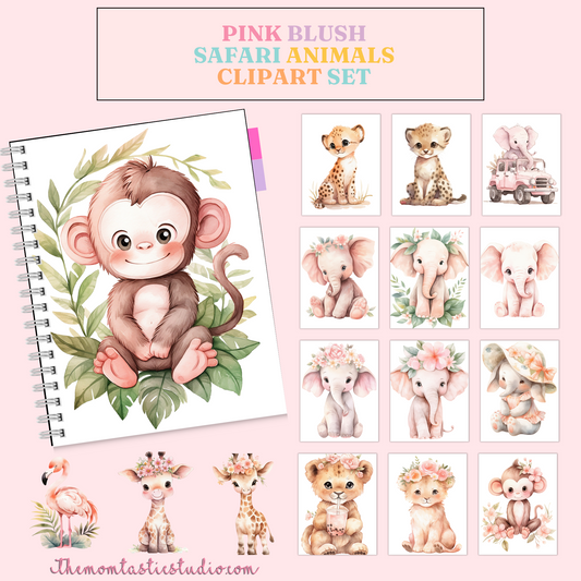 Pink Blush Safari Animals – Clipart Set - High-Quality PNG - Transparent Background - Commercial Use