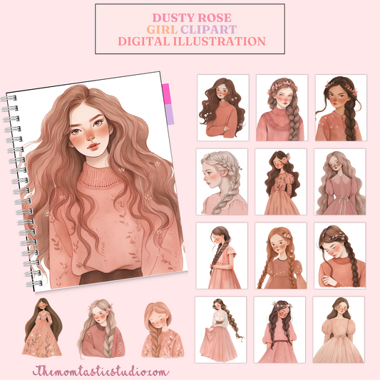 Dusty Rose - Pretty Girl - Cottagecore Cliparts – High-Quality PNG - Transparent Background - Commercial Use