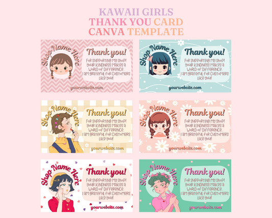 Kawaii Girls Thank You Card Canva Editable Template