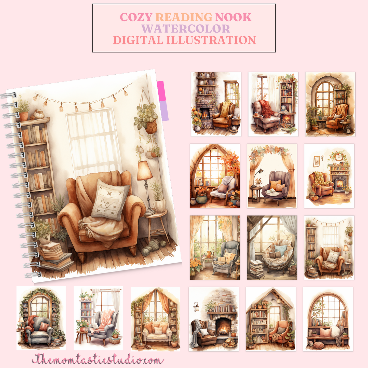 Cozy Reading Nook Watercolor Digital Illustration 300DPI – Instant Download – Commercial Use