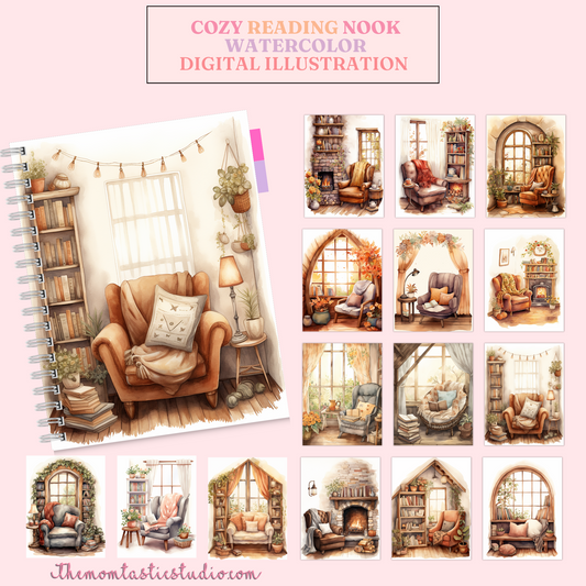 Cozy Reading Nook Watercolor Digital Illustration 300DPI – Instant Download – Commercial Use