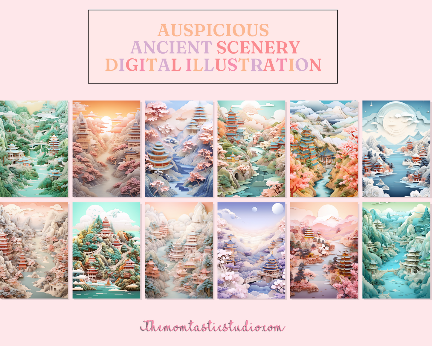 Auspicious Ancient Scenery Digital Illustration – Instant Download – Commercial Use