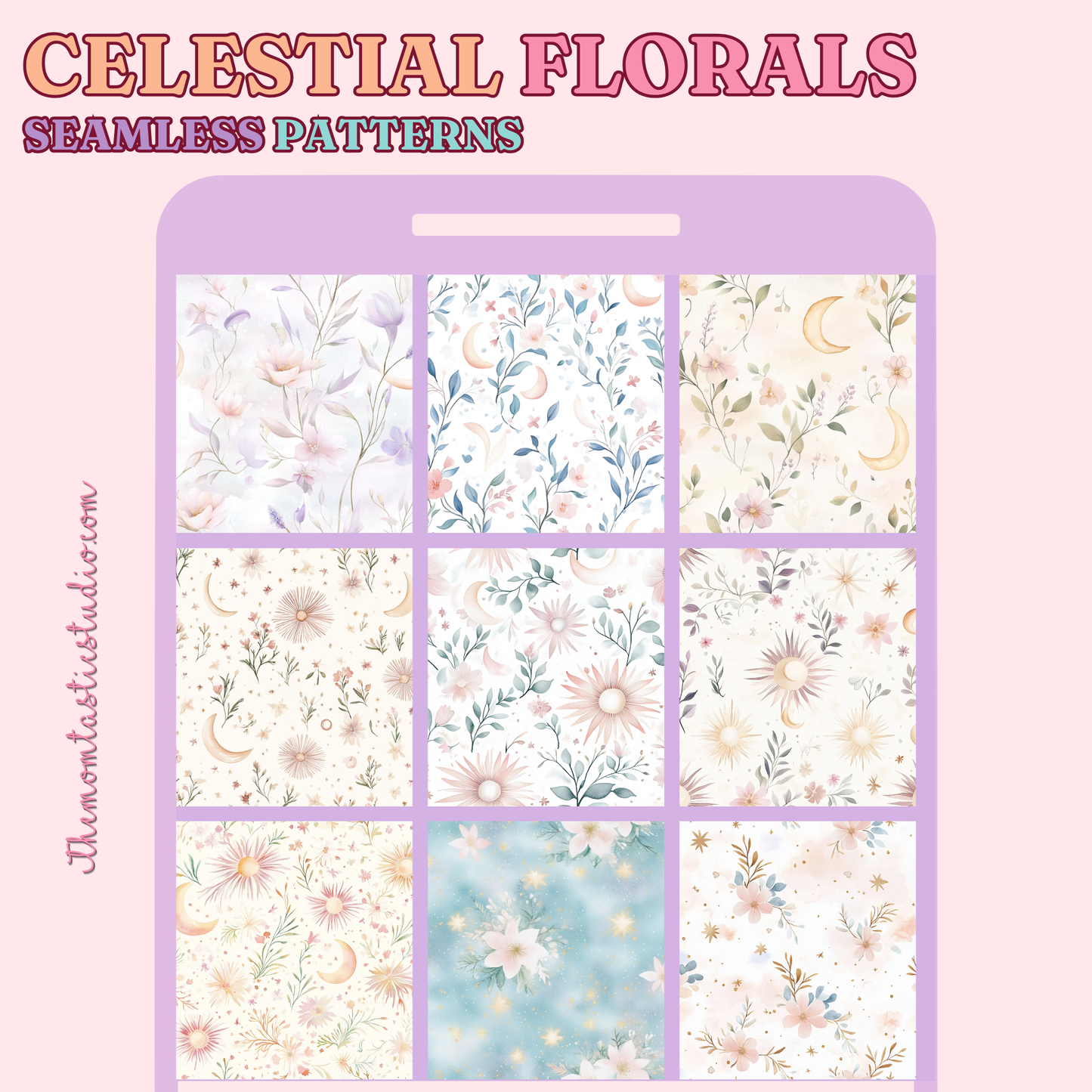 Celestial Florals Seamless Patterns for Commercial Use, Digital Paper - 300 DPI