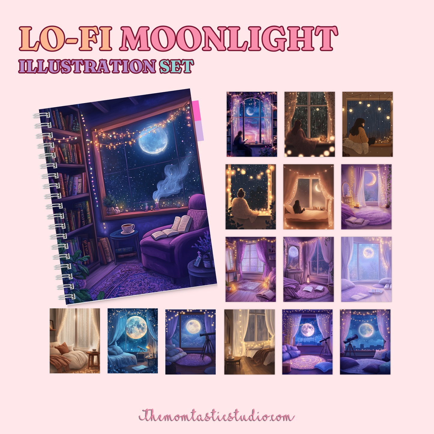 Lo-Fi Moonlight Digital Illustration Set - 300 DPI – Instant Download – Commercial Use